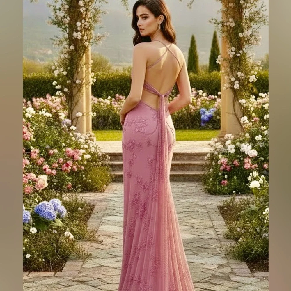 Elegant dusty Pink hand, beaded, designer Evening Gown can be worn‎ two ways